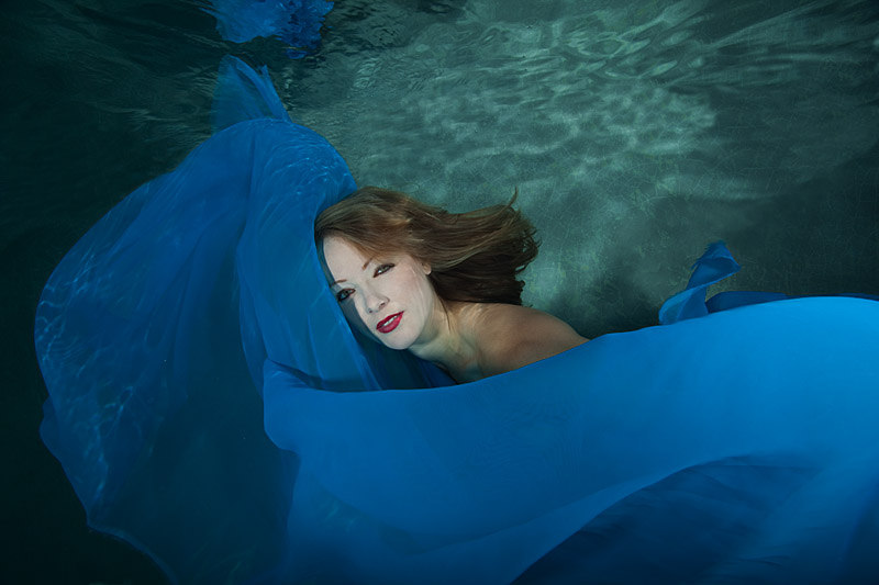 Dancer Underwater; Blue Flowing Fabric