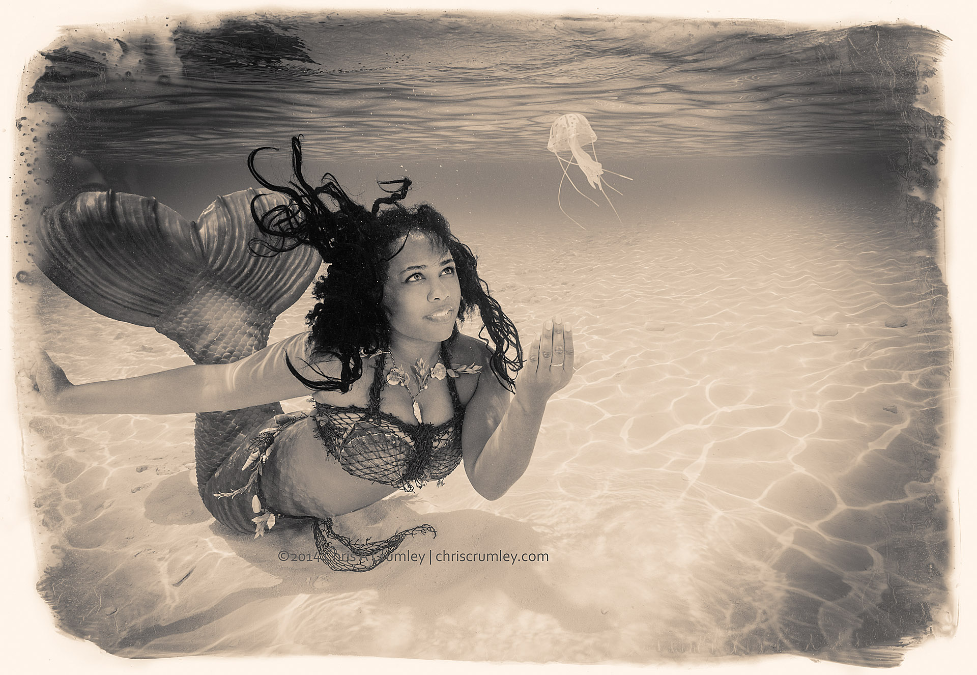Mermaid with her pet jellyfish Kevin; MPW Exuma Cays, Bahamas Islands